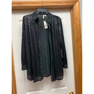 Cato Black Sequin Button Front Top Petite 14/16P Evening Holiday Jacket